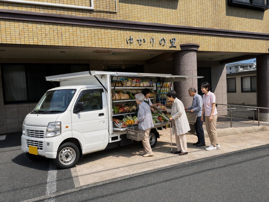 「ゆかりの里」の建物前に停まる移動スーパーの販売車と、買い物を楽しむ利用者さまたち